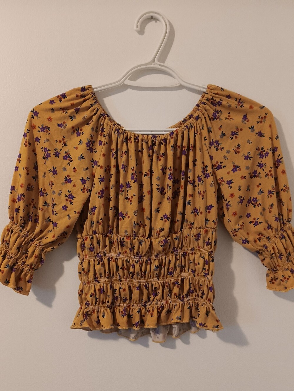 4 For 20$ Beautees Mustard Floral Smocked Peasant Top with Purple Blooms